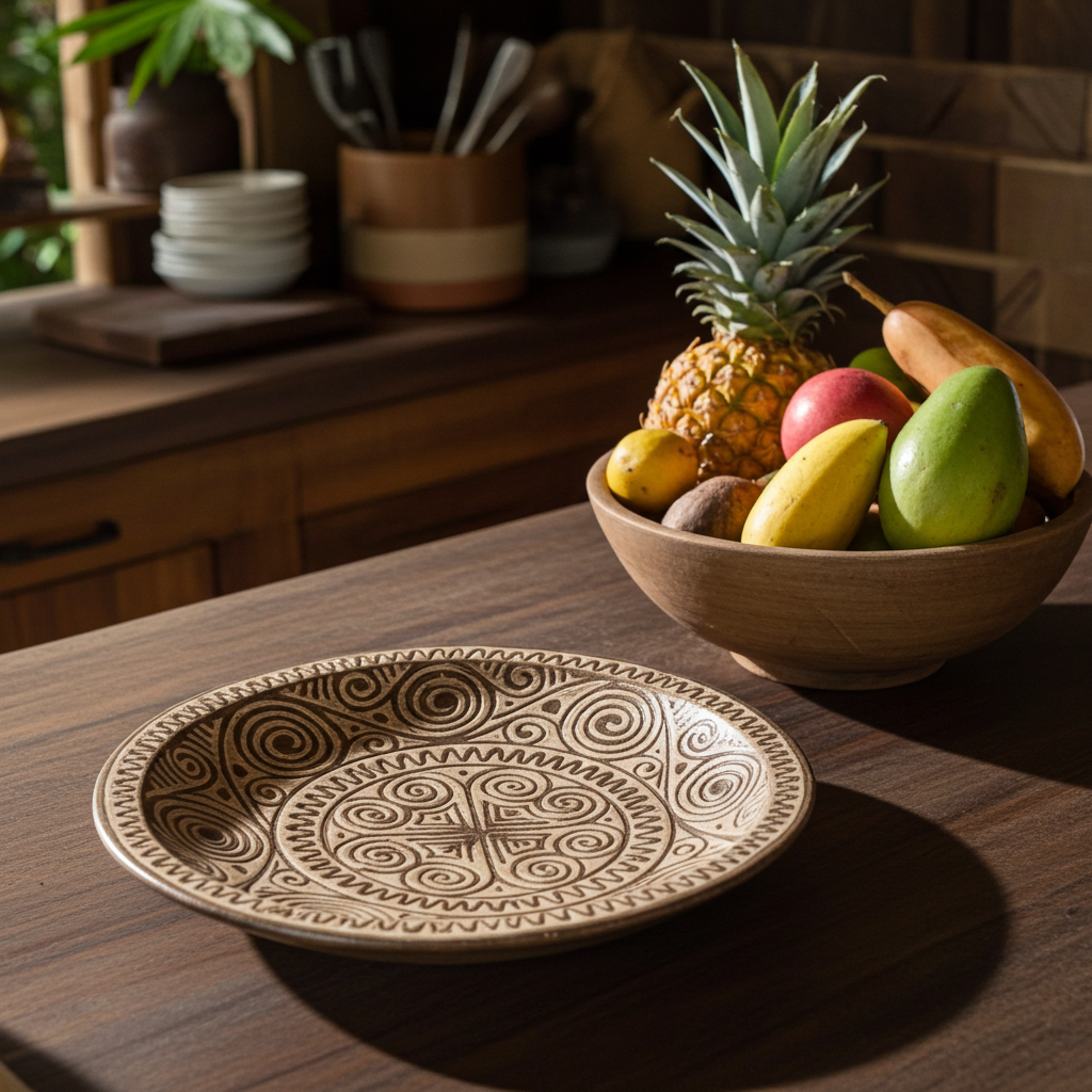 Prato decorativo em madeira esculpido à mão, com 30 cm de diâmetro. Modelo Baroro.