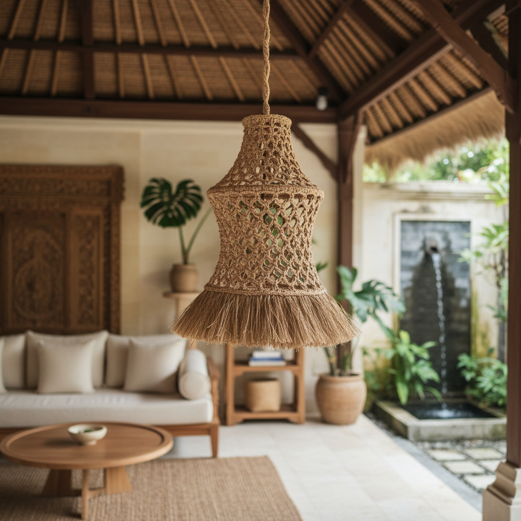 Macramé Seagrass Fringe Pendant Lamp Model Tinggi
