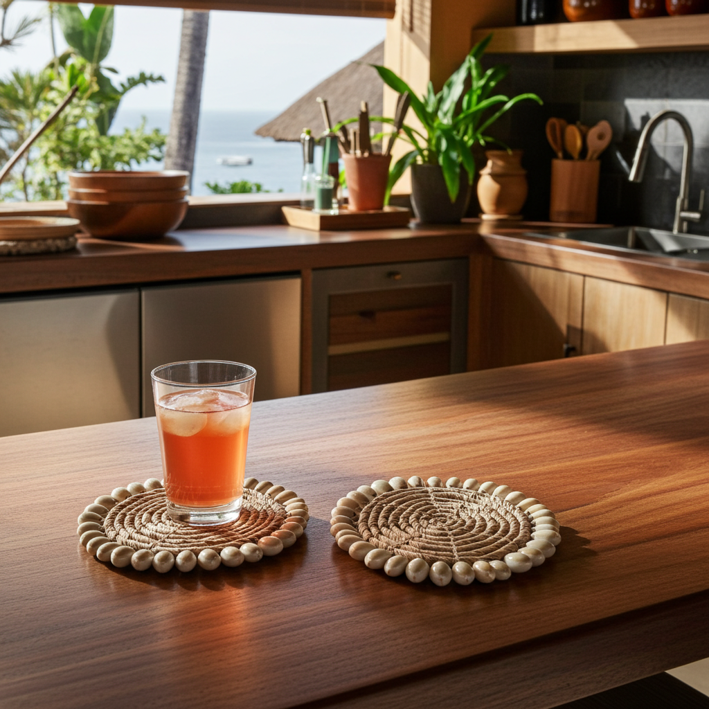 Woven bananaleaf coasters decorated with cowrie shells