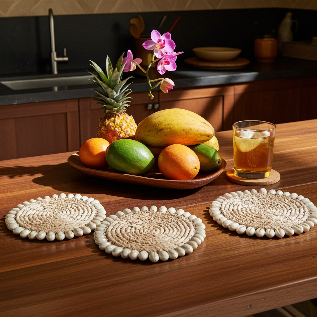 Woven bananaleaf coasters decorated with cowrie shells