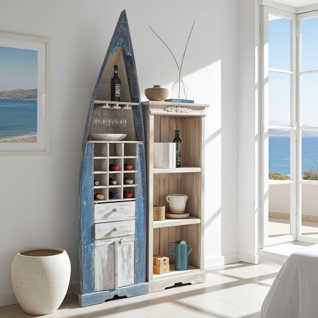 Hand-painted, whitewashed wooden boat shelf cabinet