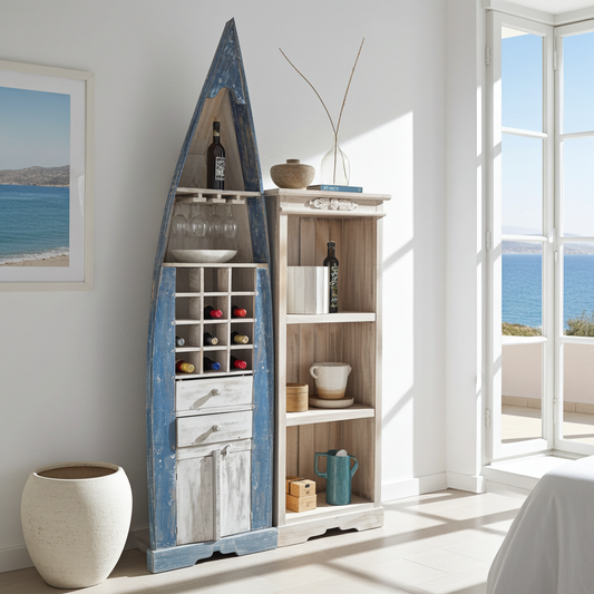 Hand-painted, whitewashed wooden boat shelf cabinet