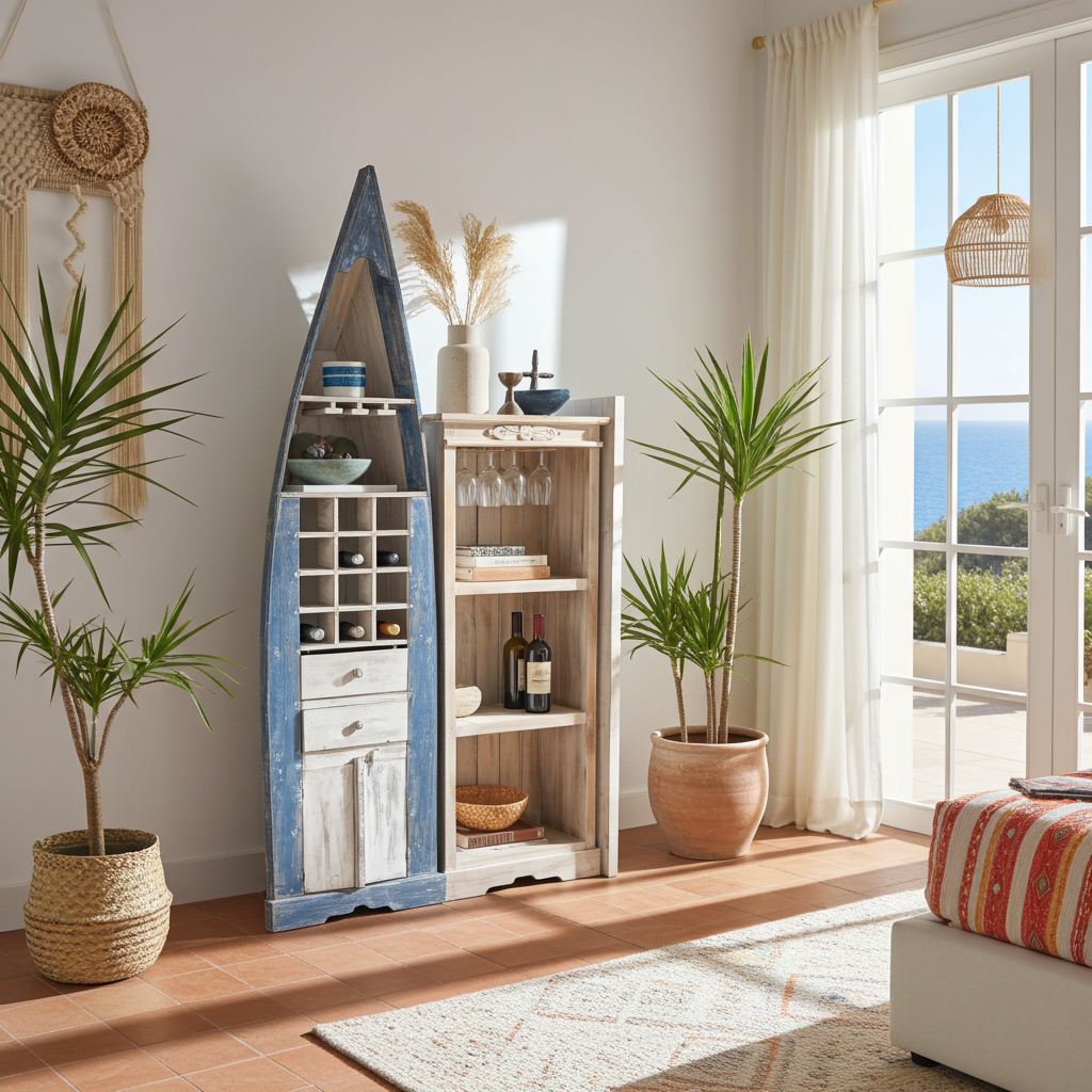 Hand-painted, whitewashed wooden boat shelf cabinet