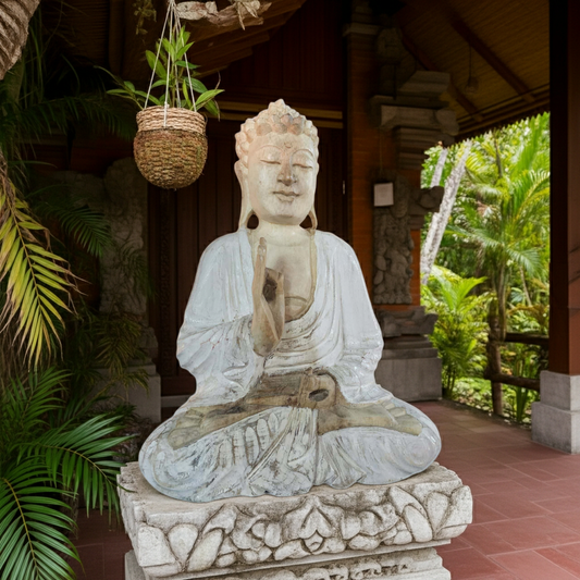 Buda sentado branco/natural feito de madeira SUAR