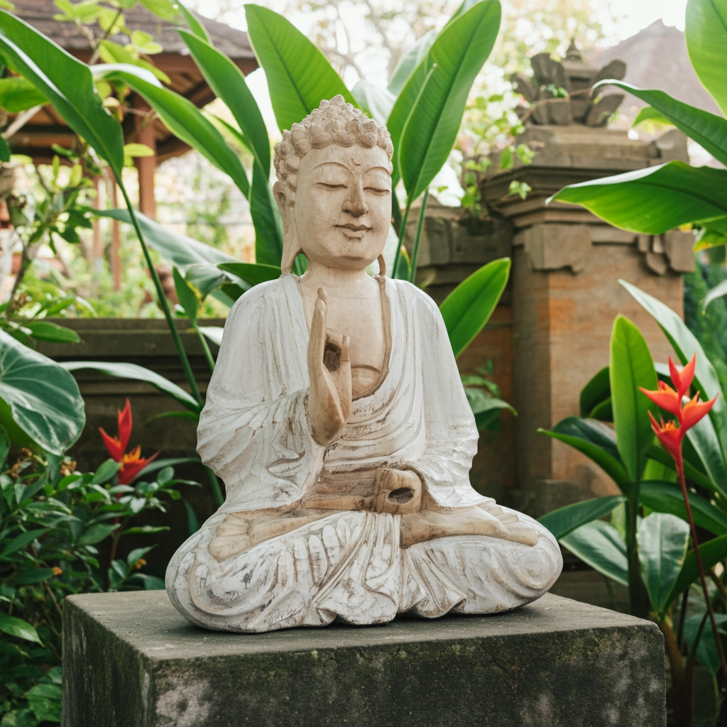 Buda sentado branco/natural feito de madeira SUAR