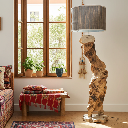 Candeeiro de pé em tronco de árvore natural, modelo Pohon.