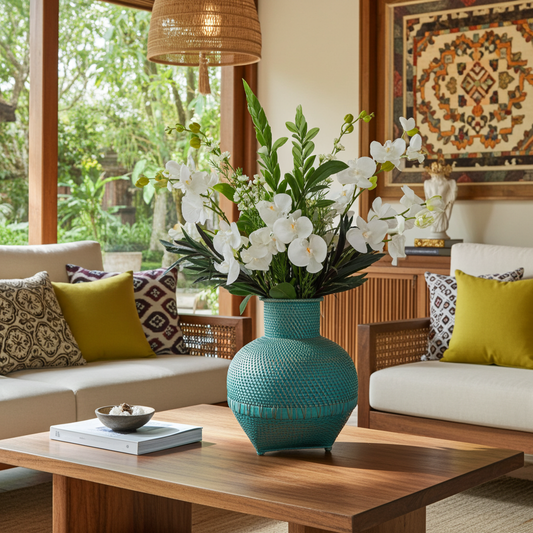 Vaso em bambu e rattan na cor azul/verde