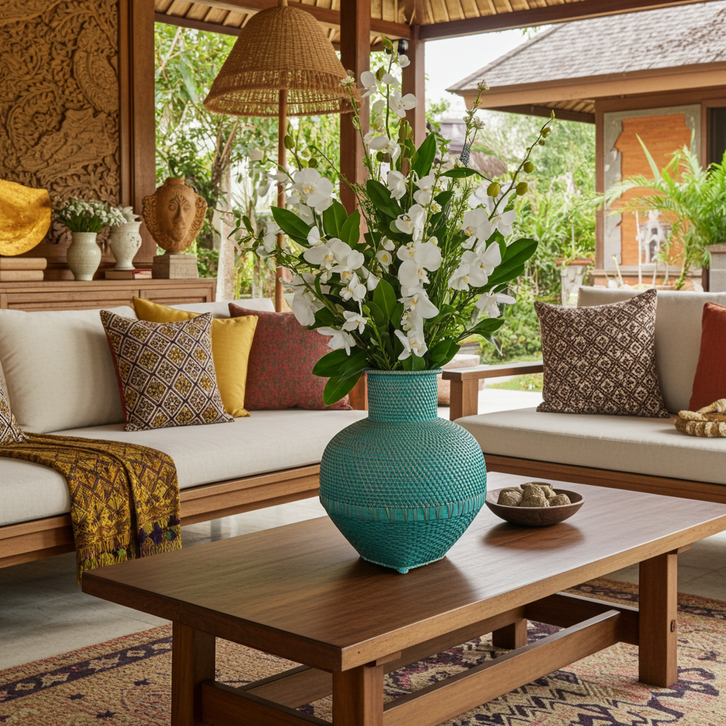 Vaso em bambu e rattan na cor azul/verde