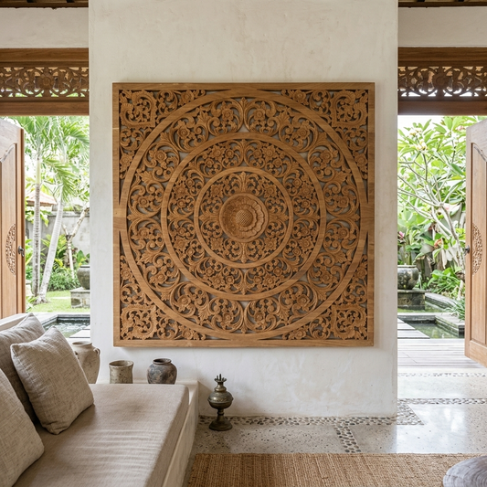 Teak Mandala Carved Wood Wall Panel Model Mantehage