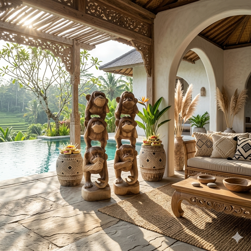 Three monkey wooden statue