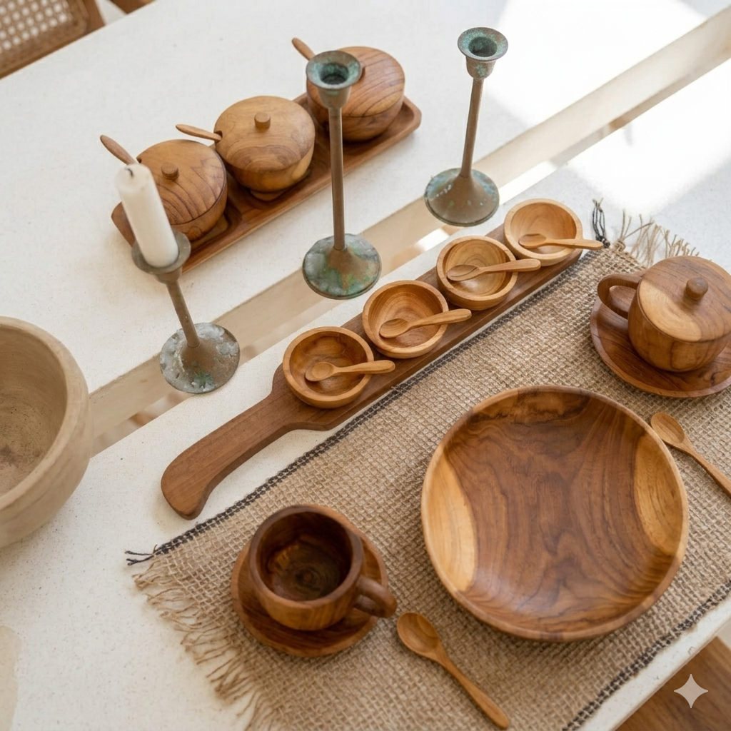 Wooden condiment tray with 4 cups