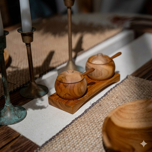 Wooden condiment dipping bowls with 2 cups