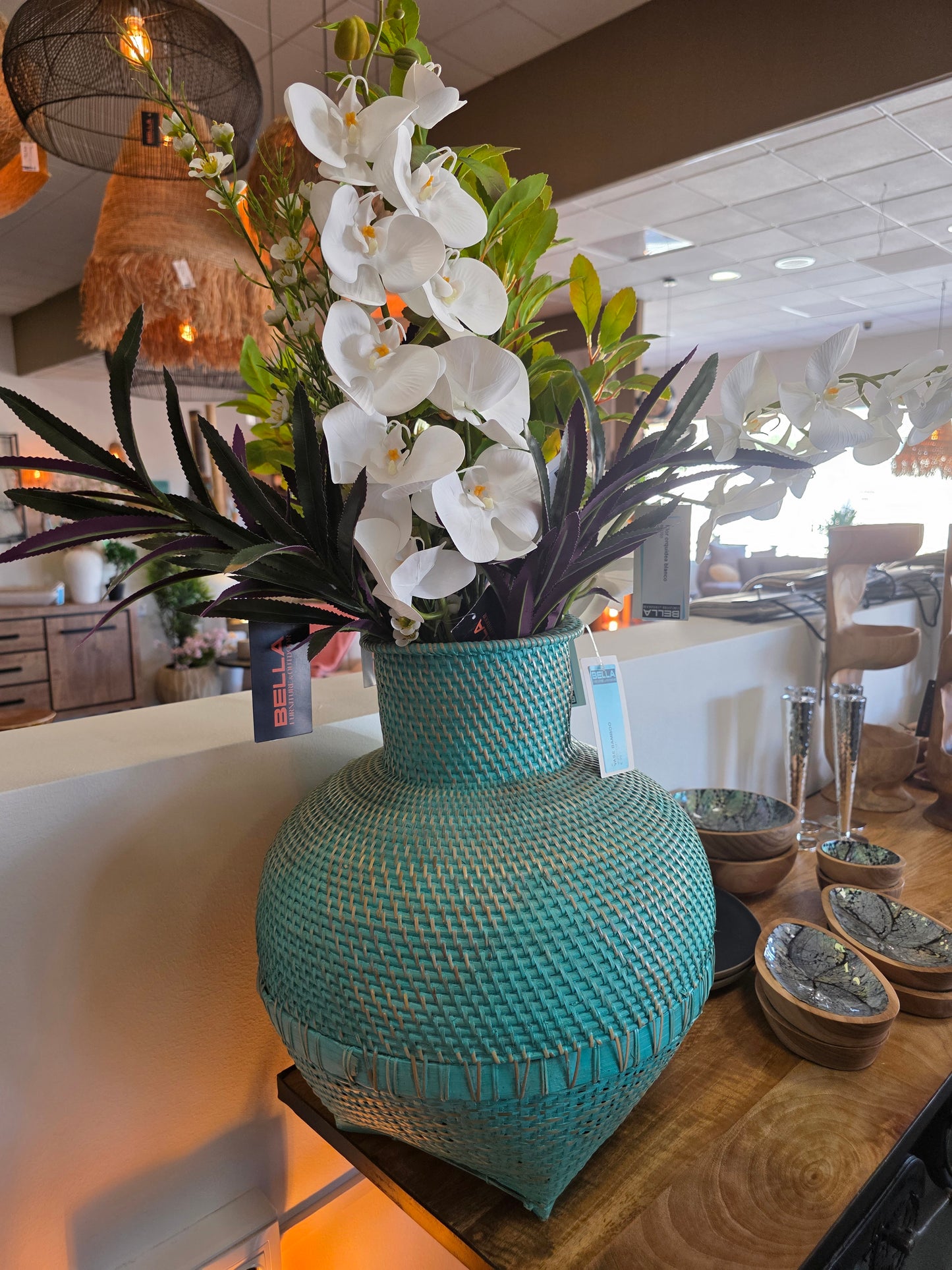 Rattan bamboo vase blue/green color