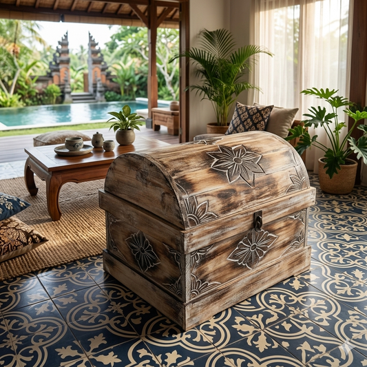 Rustic carved wooden storage chest, natural color