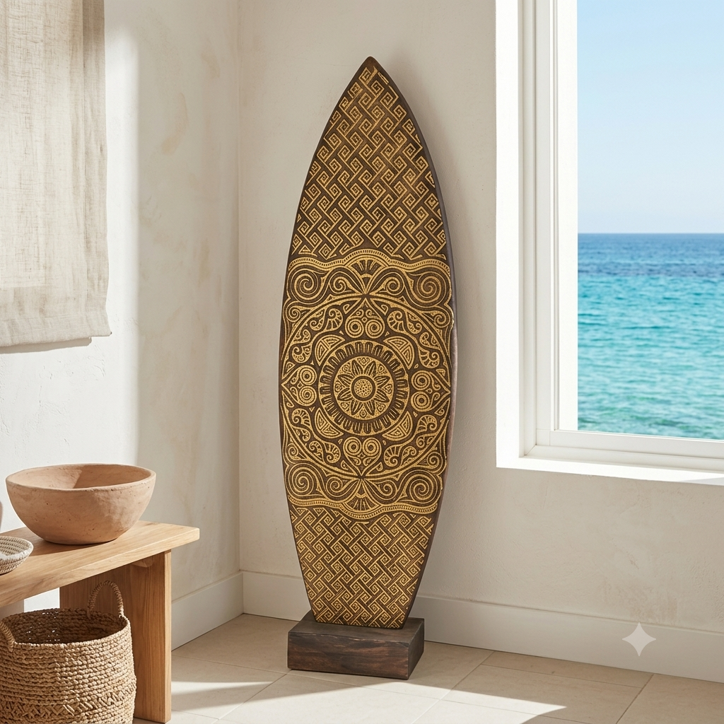 Carved Mandala Surfboard Floor Sculpture Model Karimata