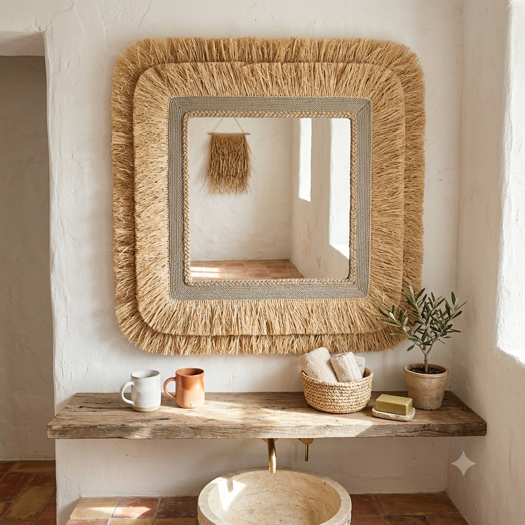 Seagrass Fringe Square Wall Mirror Model Serasan