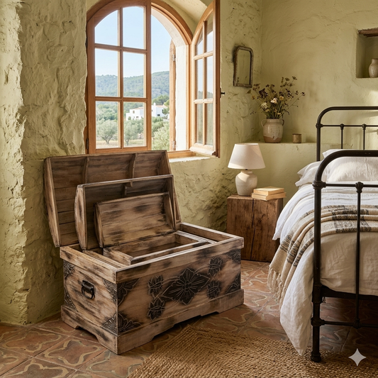 Rustic carved wooden storage chest, natural color