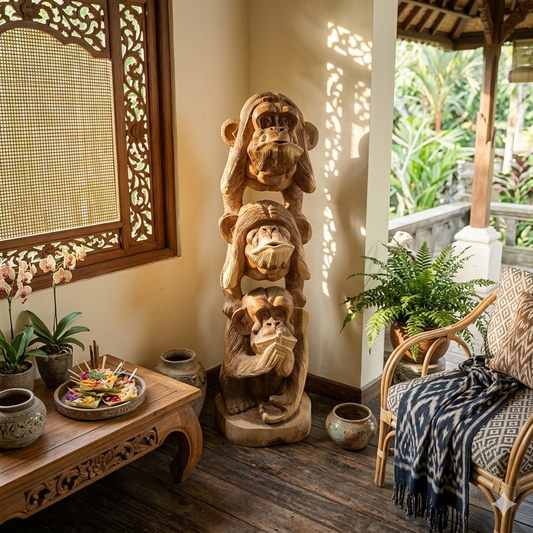 Three monkey wooden statue