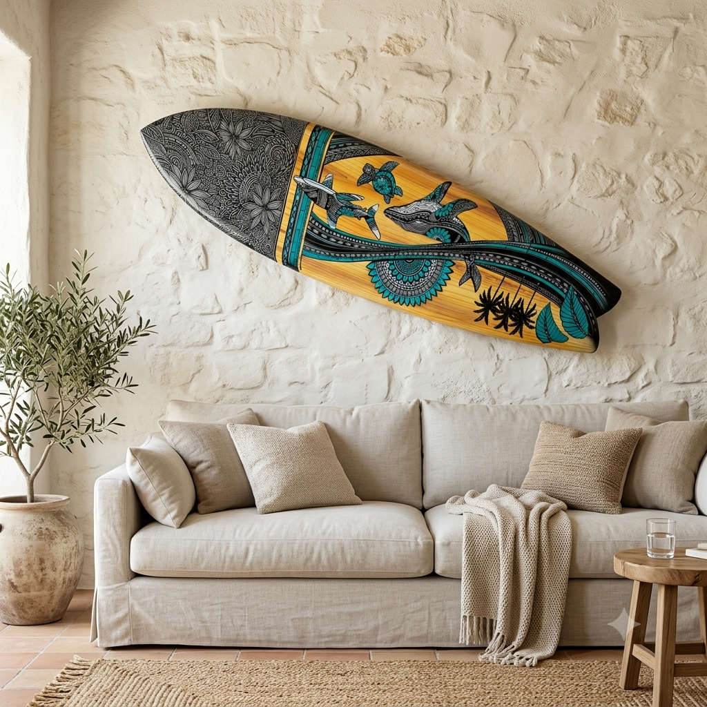 Tabla de surf de madera de mango pintada, modelo Genting, para arte de pared