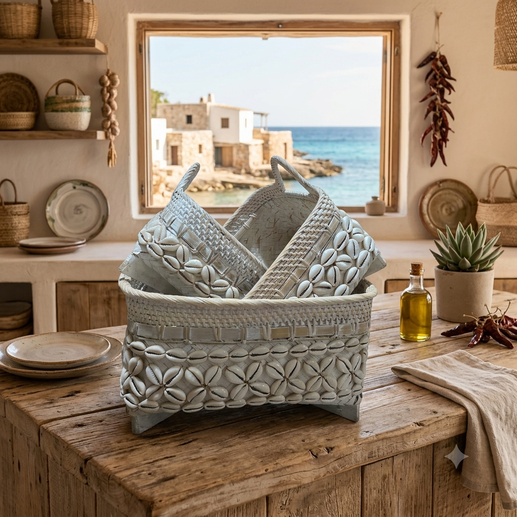 Square Shell Basket Set of Three Model Miangas