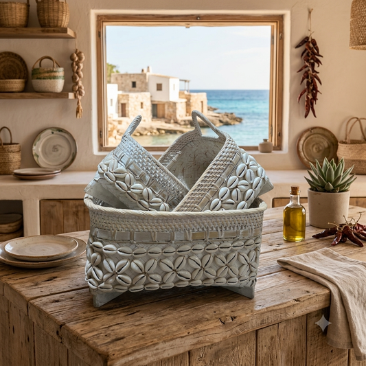 Square Shell Basket Set of Three Model Miangas