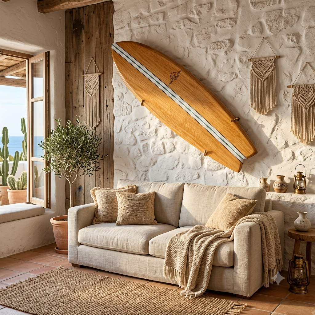 Modelo de decoración de pared con tabla de surf de madera Kri