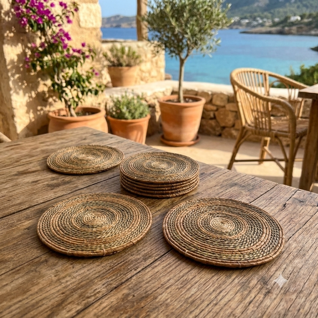 Juego de posavasos redondos tejidos de fibra natural, modelo Katang