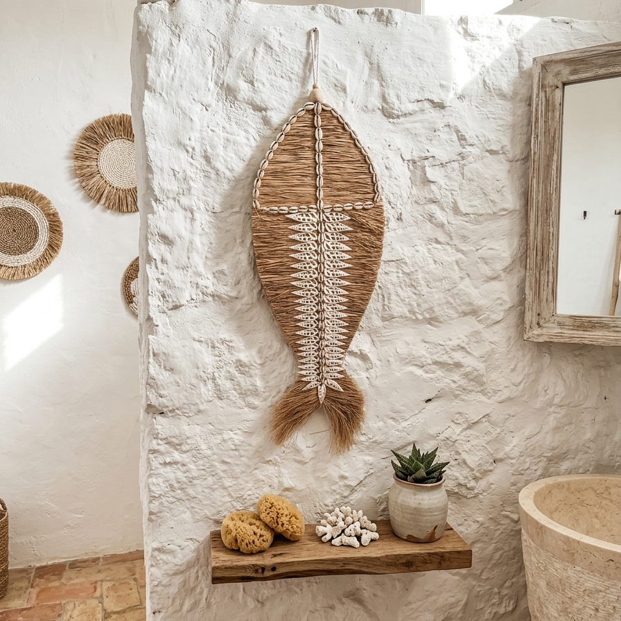 Modelo de tapiz de macramé con conchas marinas Gebe