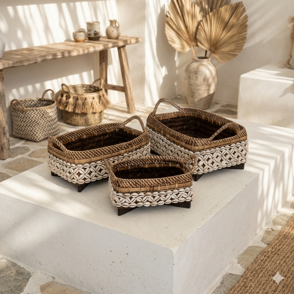 Baskets with shell finish, Model Bandar, Set of 3