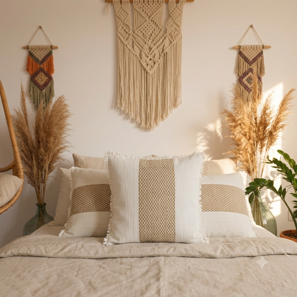 Capa de Almofada Boho com Franjas e Riscas Modelo Gili Petagan