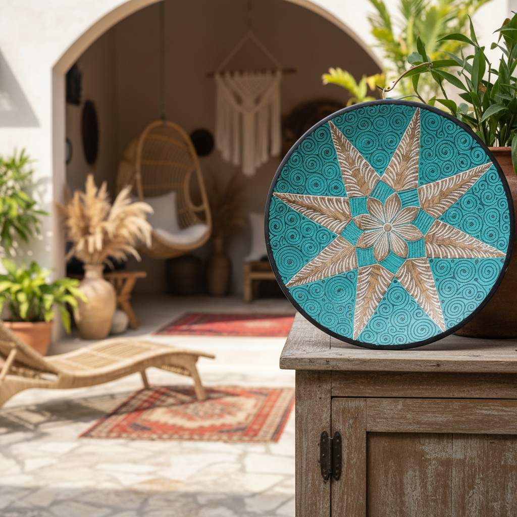 Turquoise Mandala Carved Wood Wall Plate Model Panjang Krakatau