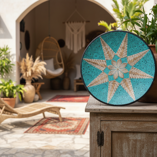 Turquoise Mandala Carved Wood Wall Plate Model Panjang Krakatau