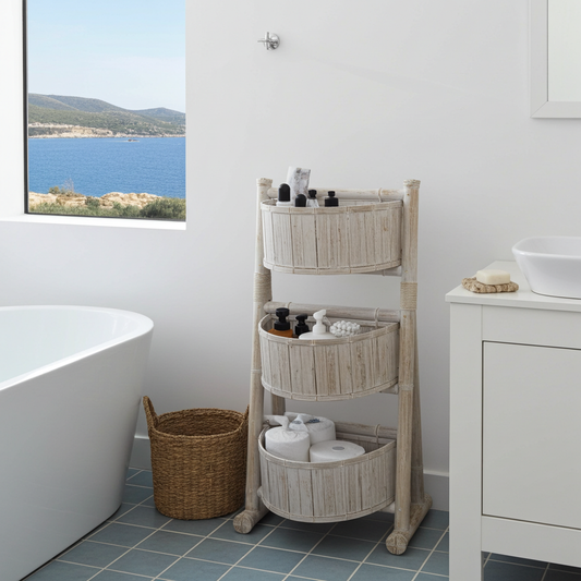 Whitewashed bamboo 3-tier storage unit