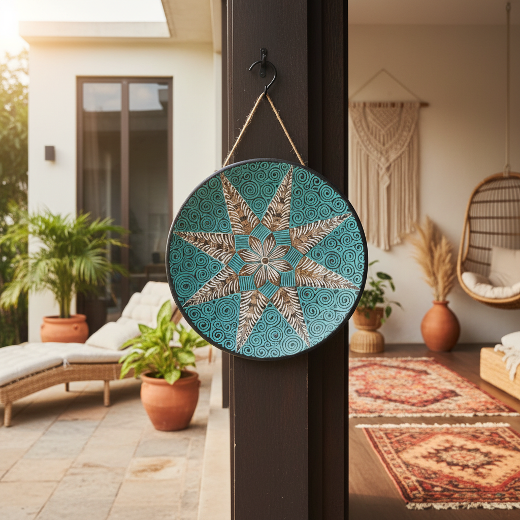 Turquoise Mandala Carved Wood Wall Plate Model Panjang Krakatau