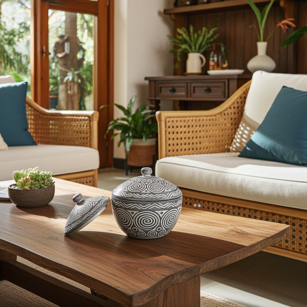 Jarro de madeira indonésio esculpido à mão. Modelo Tarun.