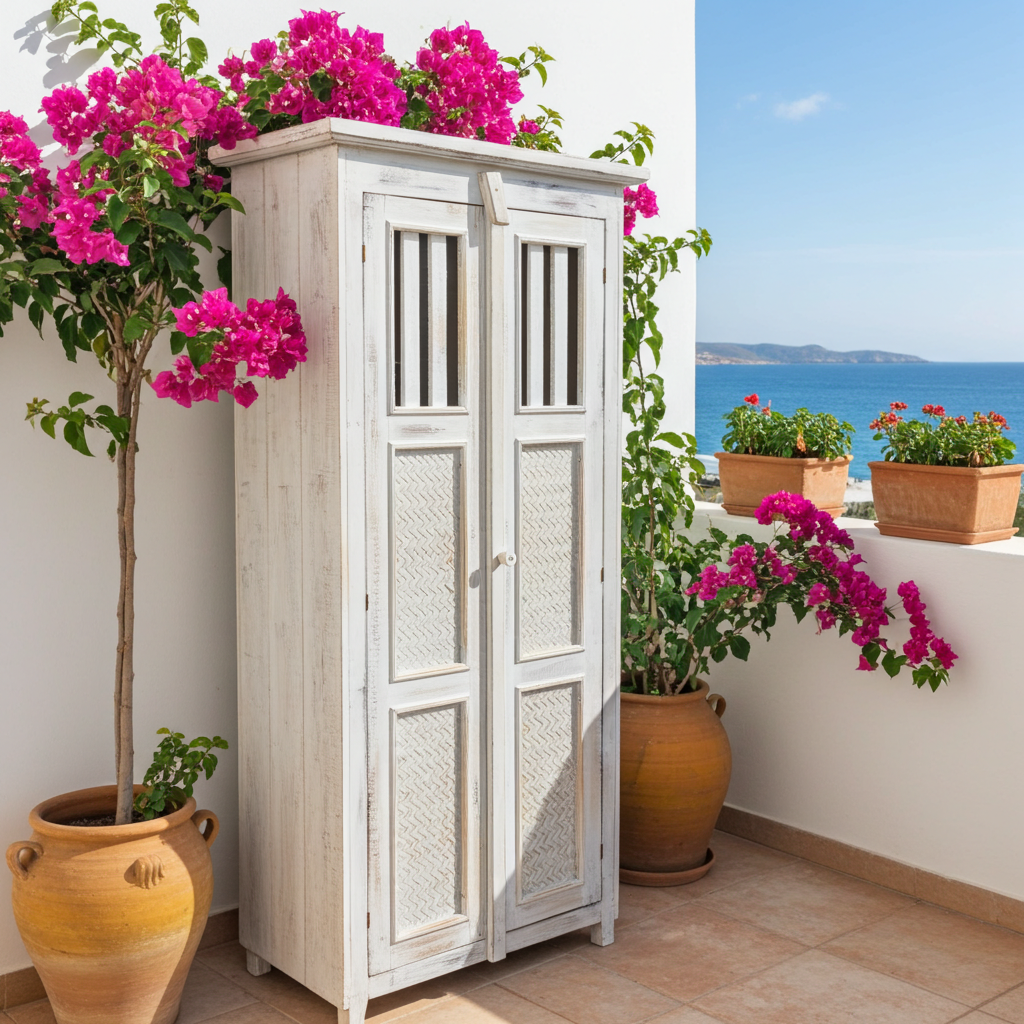 Tall, whitewashed wooden cabinet. Model Bedegul