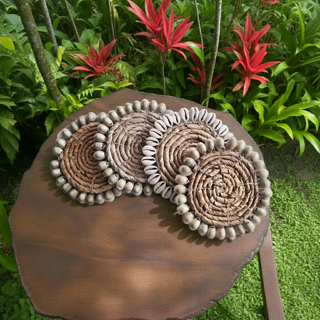Woven bananaleaf coasters decorated with cowrie shells