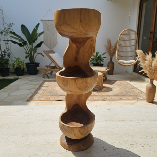 Stacked Triple Bowl Teak Wood Sculpture Model Dobo