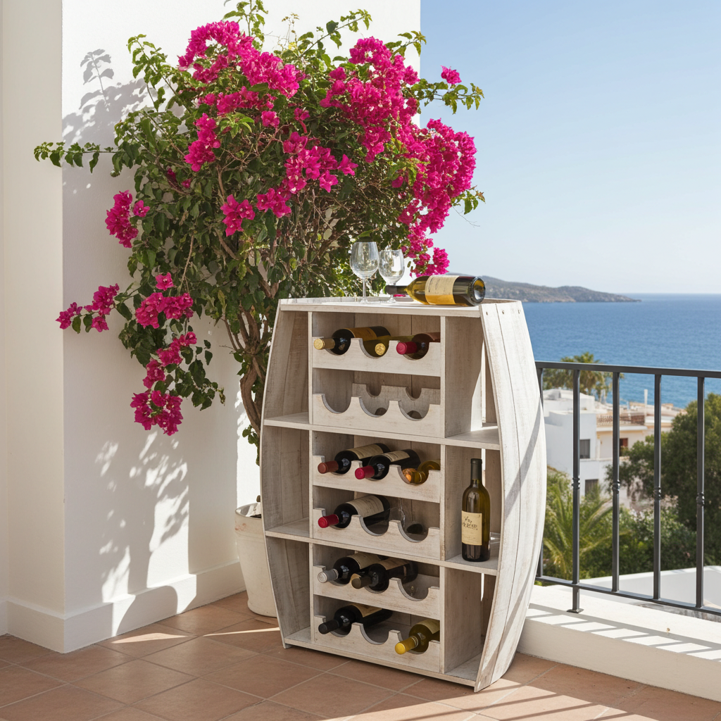 Whitewashed wooden half-barrel wine rack. Model Barel
