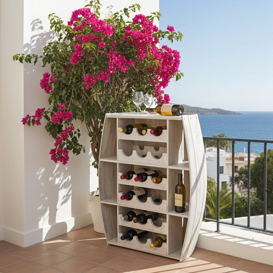 Whitewashed wooden half-barrel wine rack. Model Barel