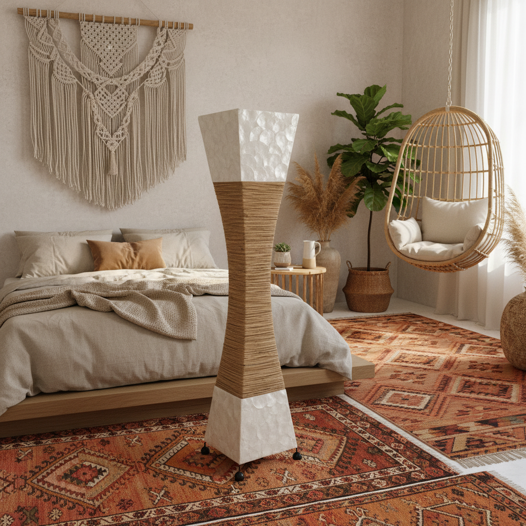 Candeeiro de Pé Rattan e Conchas Modelo Urai