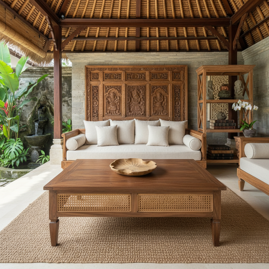 Cuenco decorativo de madera tallada de loto Modelo Pulau Ende