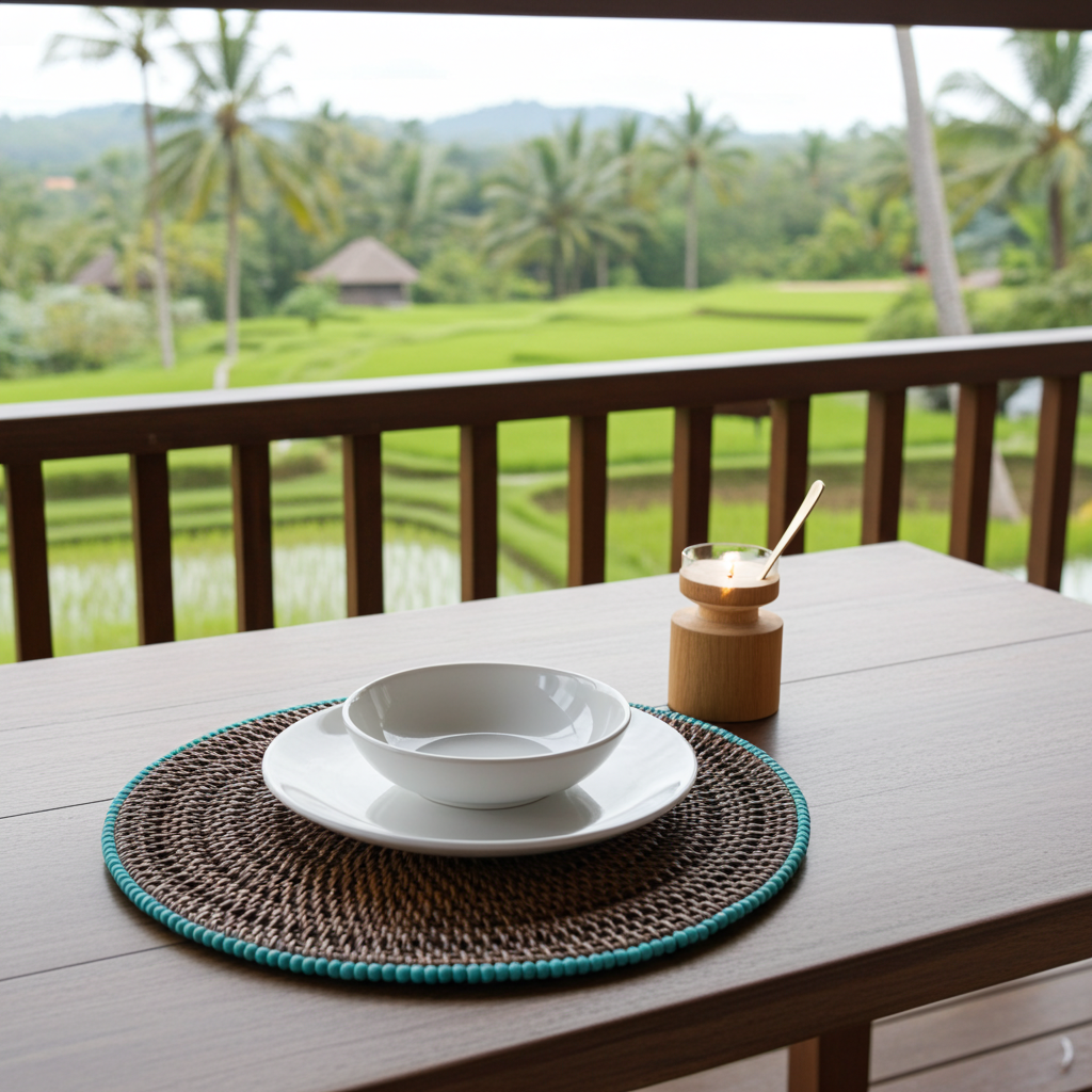 Rattan placemat with blue beads