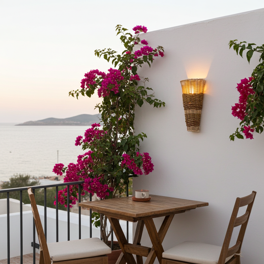 Hand-woven seagrass and hyacinth wall lamp. Model Pinge