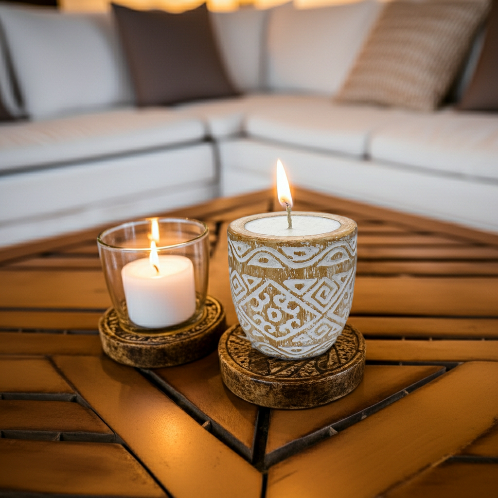 Hand-carved wooden candle in a whitewashed finish