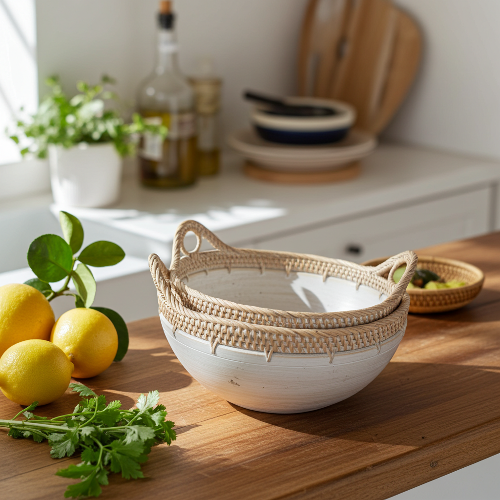 Set of three rattan bamboo bowls. Model Telinga