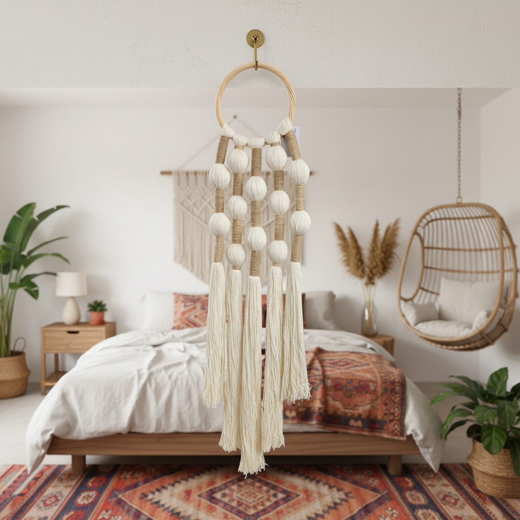 Colgante de pared de macramé de borlas con aro de ratán bohemio, modelo Wagmab