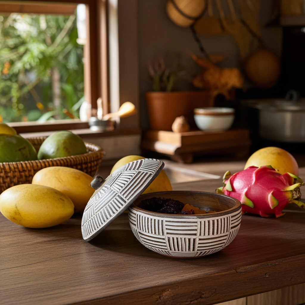 Cuenco de madera de Timor orgánica con tapa. Modelo Bulu