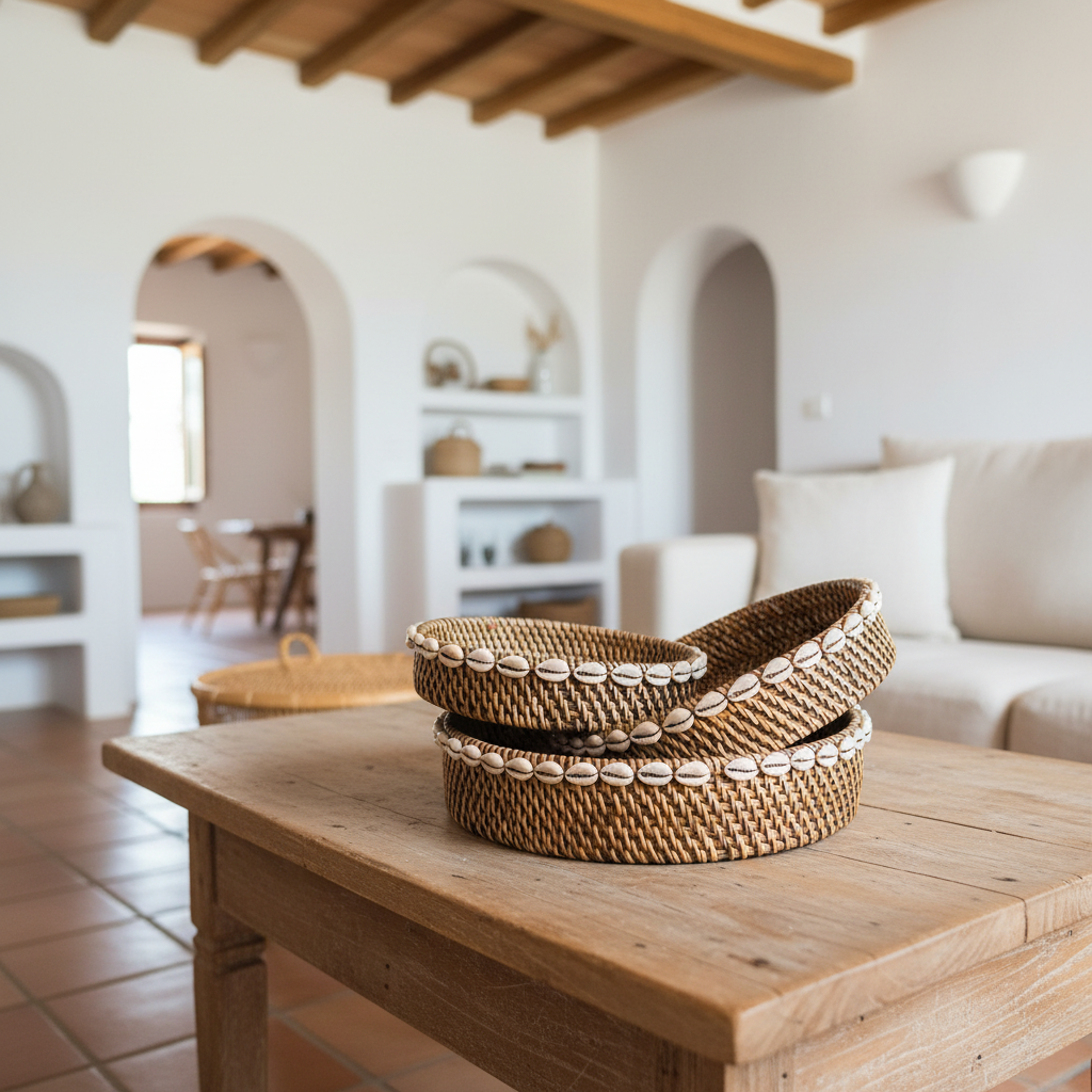 Woven Rattan Cowrie Shell Bowl Set Model Kekek